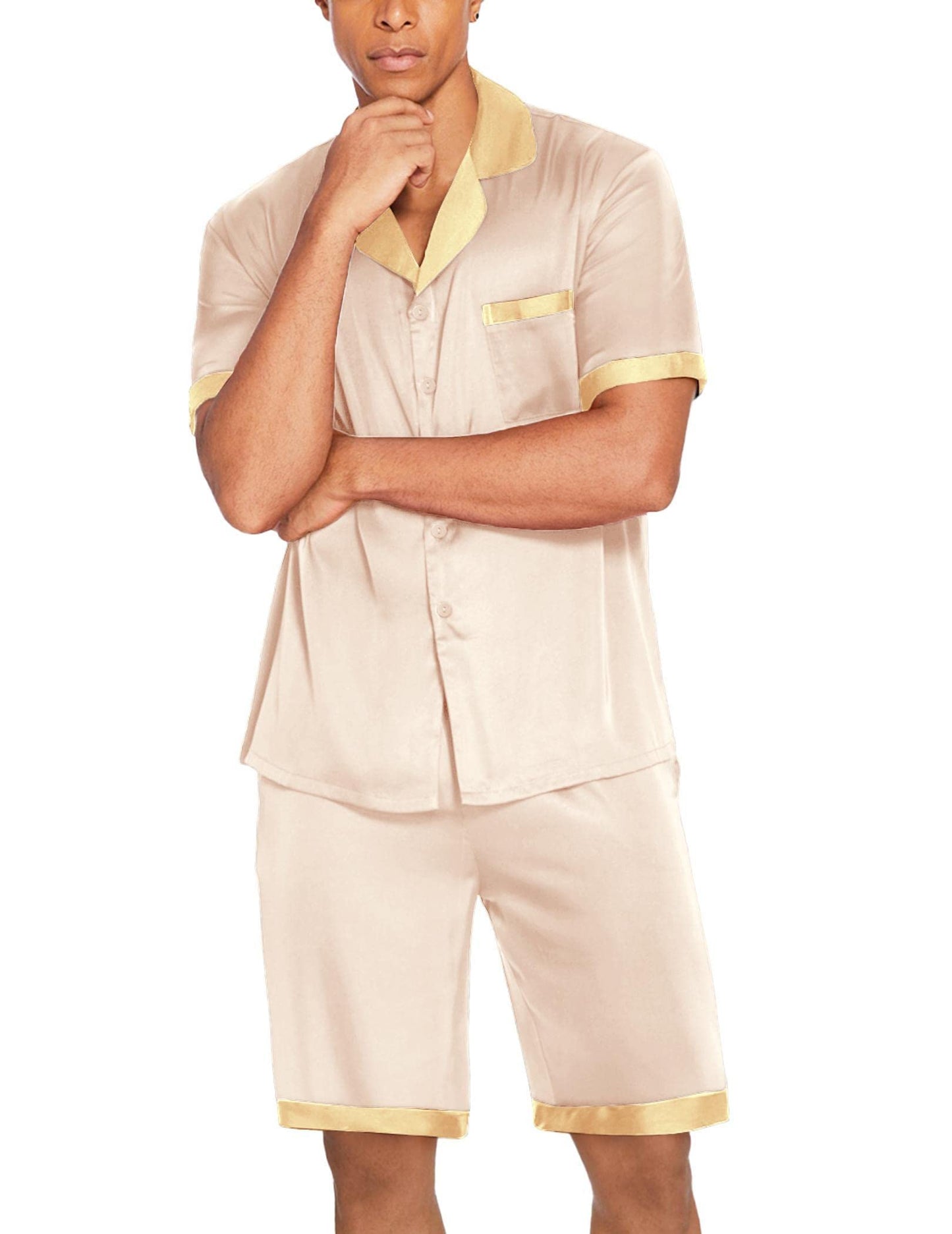 Ekouaer Men Satin Silk Pajamas Set with Pockets Sleepwear Shorts Satin Summer Loungewear 2 Piece Button Down Set S-3XL Champagne