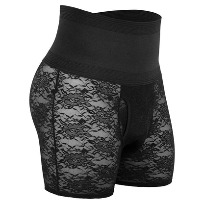 six Pack Men's High Waist Boxer Brief Lace Transparent Shorts, Underwear Bottoms  Black