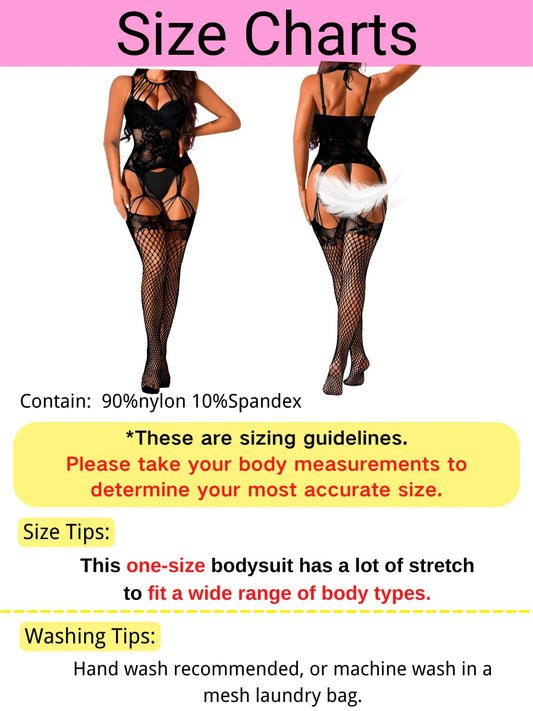 ChiaoLezhee Sexy Lingerie For Women, Lace Bodystocking, Fit All Size, Exotic Wear Dancer Dancewear Plus Fishnet Mesh Glow, Black