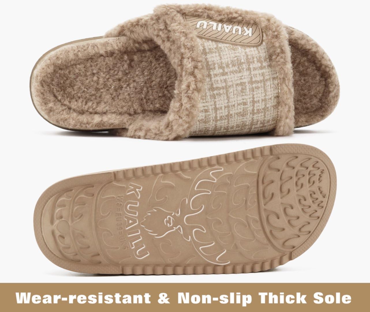 KuaiLu Cushion Slippers For Women with Orthopedic Arch Support Wide Adjustable Open Toe Platform Furry Fur Sandals Warm Teddy Fleece Recovery Slides Slip On House Shoes Indoor Outdoor, Beige US11
