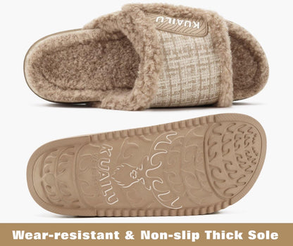KuaiLu Cushion Slippers For Women with Orthopedic Arch Support Wide Adjustable Open Toe Platform Furry Fur Sandals Warm Teddy Fleece Recovery Slides Slip On House Shoes Indoor Outdoor, Beige US11