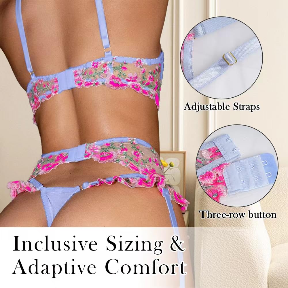 Lingerie Set Floral Embroidery with Garter Belt Pink