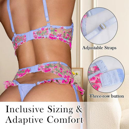 Lingerie Set Floral Embroidery with Garter Belt Pink