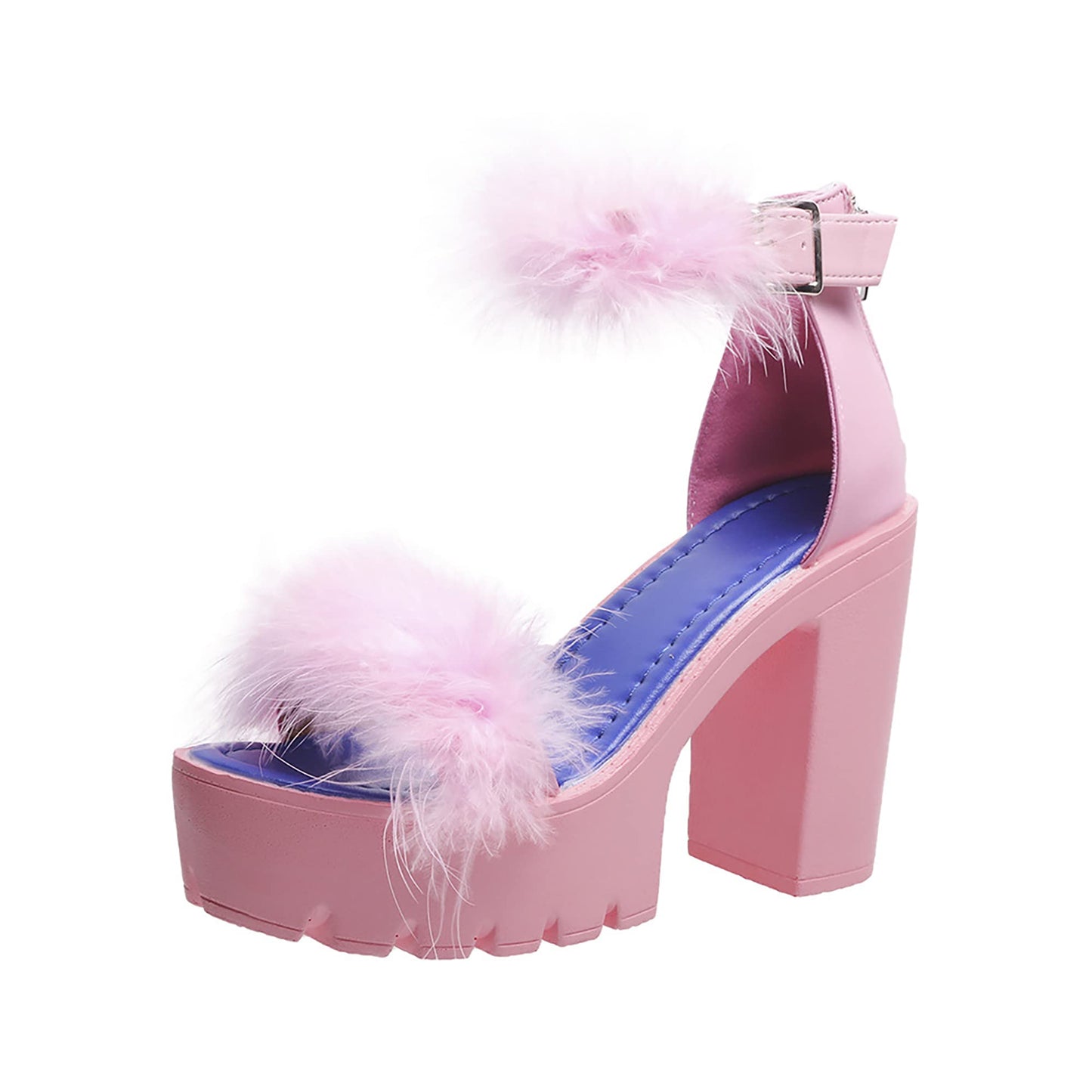 Women Faux Fur Chunky Heel Sandal Ankle Strap Dress Heel Pink 9
