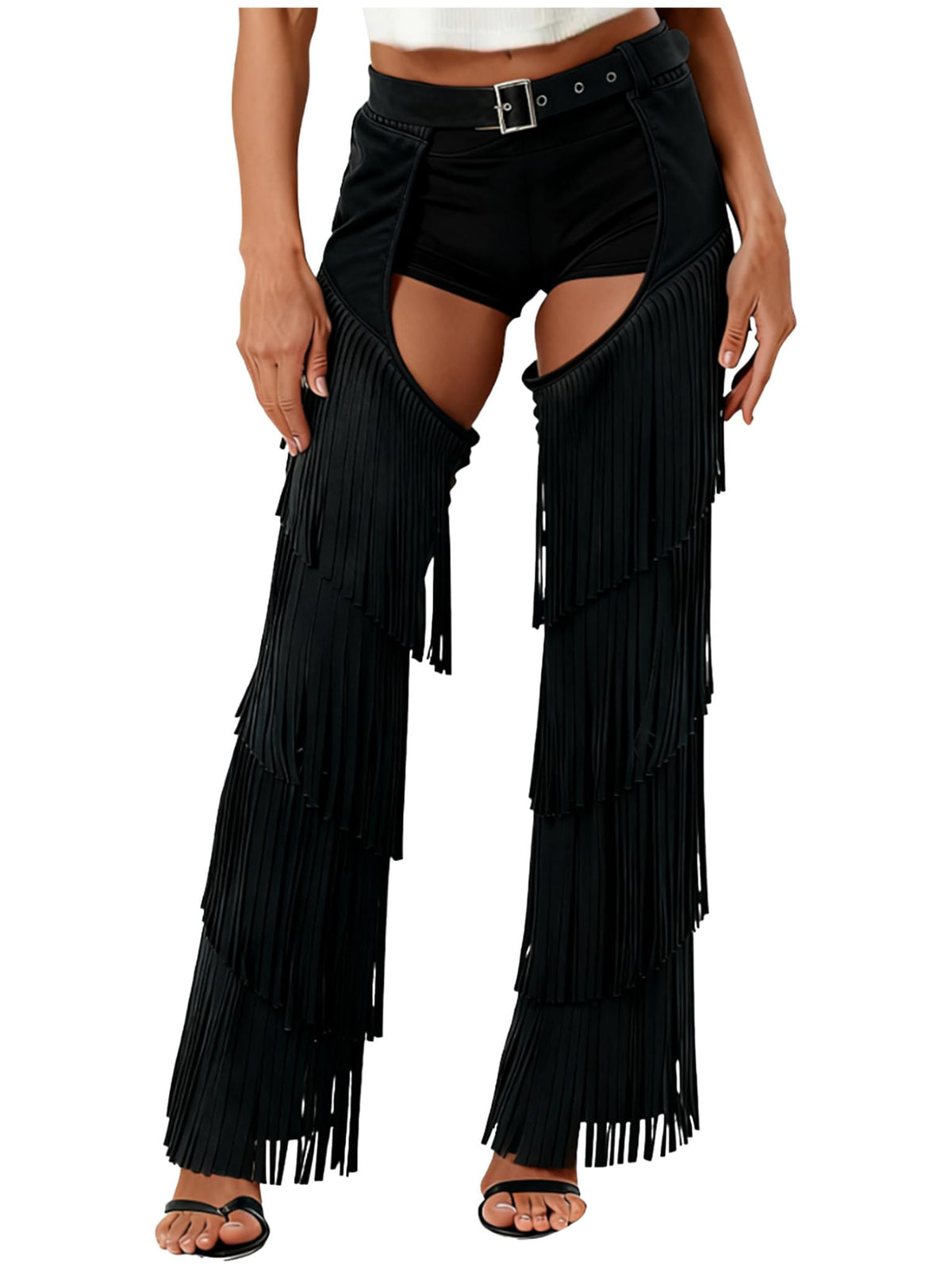 Chaps for Women Cowgirl Pants Fringe Cowboy Assless Chaps Western Pants Trousers for Club Party Black Medium