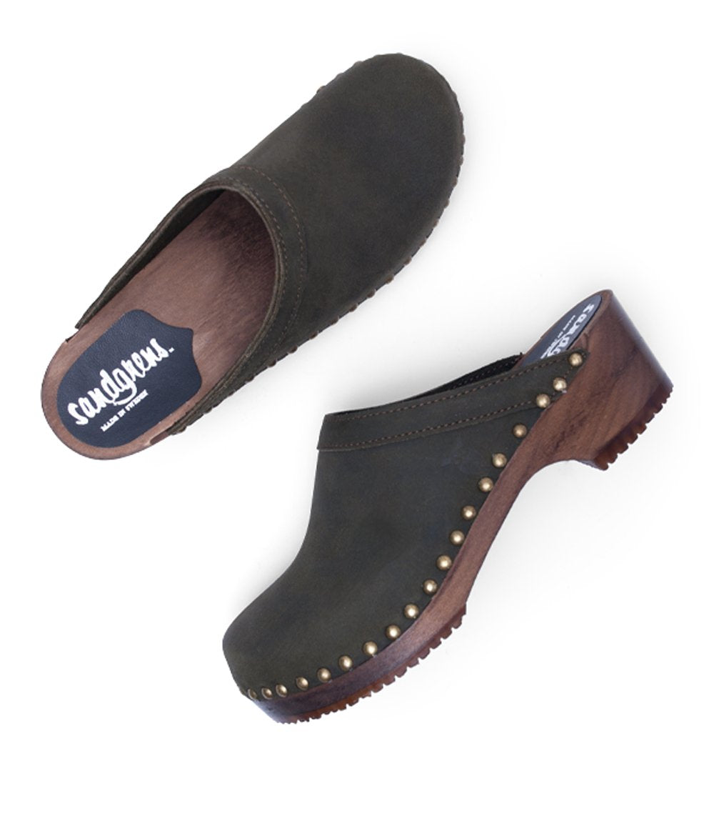 Sandgrens Handmade Swedish Wood Clogs for Women, Low Heel Mule US 9 | Athens Olive Nubuck DK, EU 40