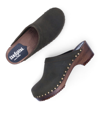 Sandgrens Handmade Swedish Wood Clogs for Women, Low Heel Mule US 9 | Athens Olive Nubuck DK, EU 40