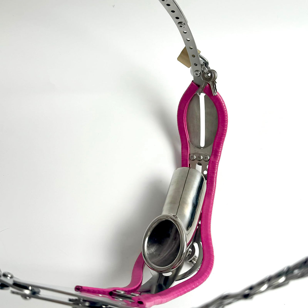 Male Adjustable Chastity Belt with Hole Push-Lock Design Removable Cage Dual Adjustable Waist and Crotch Stainless Steel Adult Sex Toy SM Invisible Underwear (Pink 87-122cm)