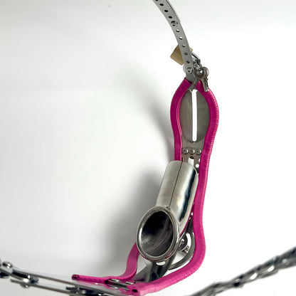 Male Adjustable Chastity Belt with Hole Push-Lock Design Removable Cage Dual Adjustable Waist and Crotch Stainless Steel Adult Sex Toy SM Invisible Underwear (Pink 87-122cm)