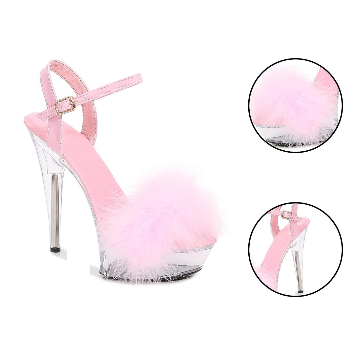 Sissy Clear Platform Stiletto Fuzzy High-heeled Ankle Strap Party Casual Sexy Heels for Dancing Pole Dance Heels Casual Sandals Pink Size8