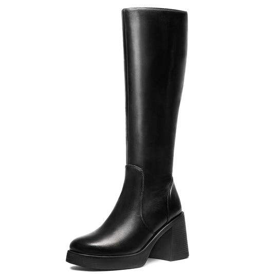Knee High Boots for Women - Platform Chunky Square Toe Tall Boots with Block Heeled Side Zipper, Fashion Long Gogo Boots for Spring Fall