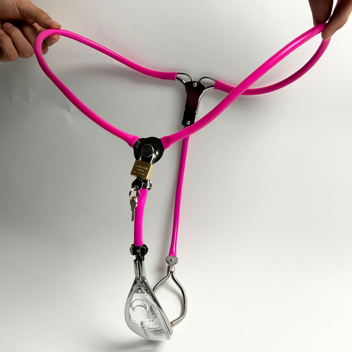 Female Chastity Belt Stainless Steel Transparent Visual Invisible Underwear Belt Lockable Pants with Defecation Hole BDSM (Pink 60-90cm)