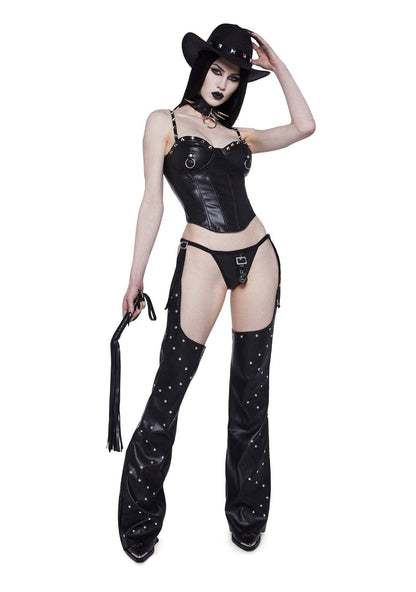 Dolls Kill Demanding Cowgirl Costume Set by Trickz N’ Treatz – Women’s Black Bustier Outfit with Chaps, Hat & Accessories – Black, XX-Large