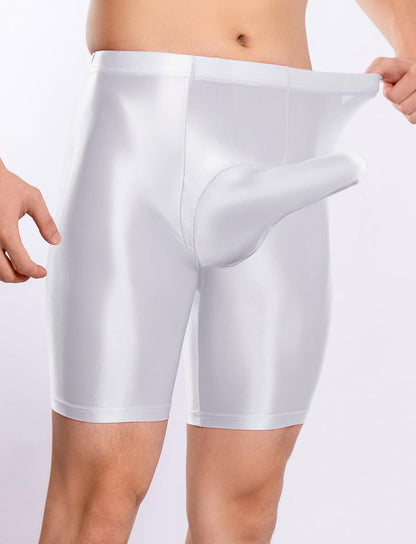 Men's See Through Ice Silk Shorts Shiny Sport Tight Oil Glossy Biker Shorts 3D Contour Seamless Workout Fitness Compression Shorts White XL