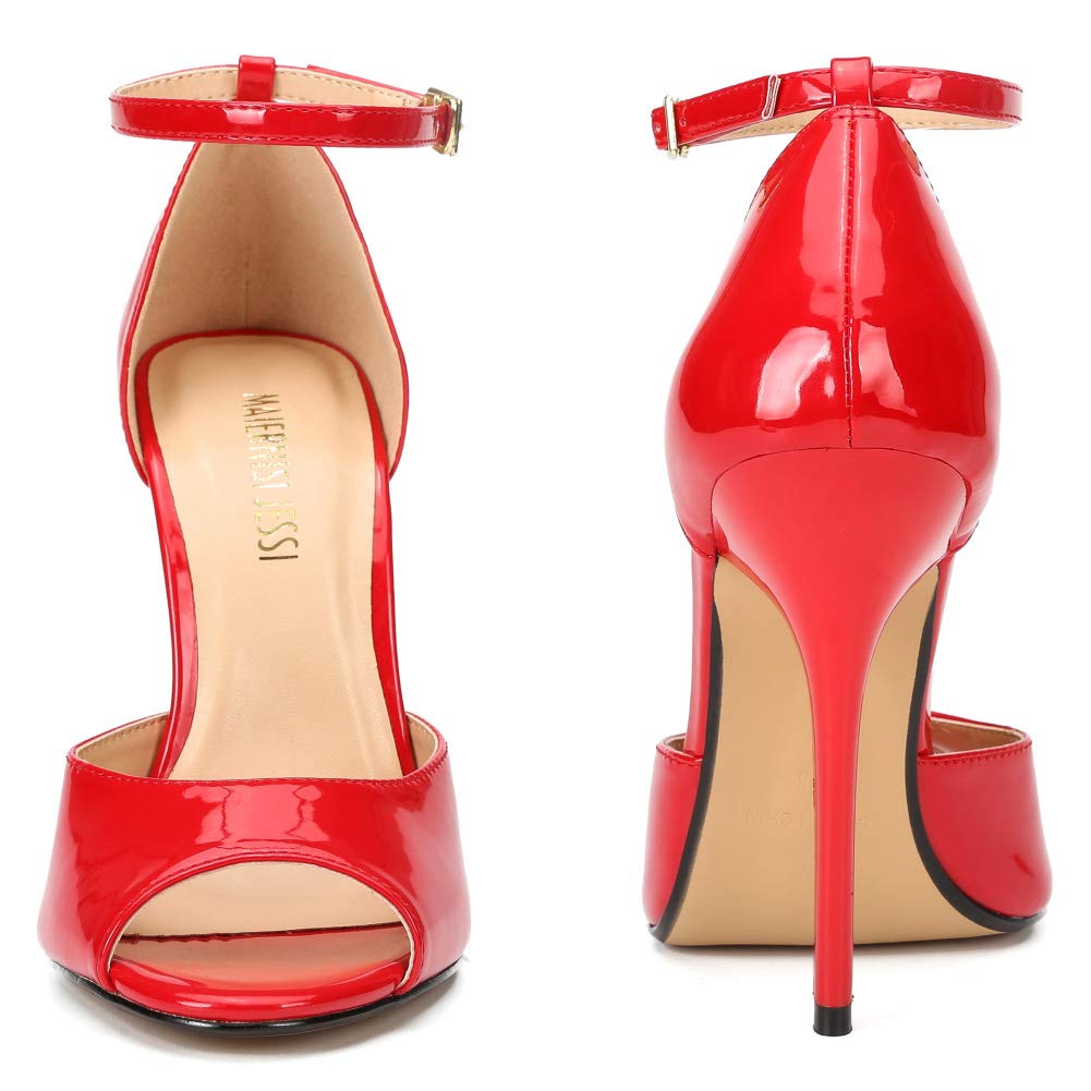 Unisex Men's Women's Peep Toe Stiletto Heels, Ankle Strap Sandals, D'Orsay Style, 5.1-Inch Heel Patent Red EU45 - size 13 Women/11.5 Men
