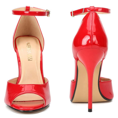 Unisex Men's Women's Peep Toe Stiletto Heels, Ankle Strap Sandals, D'Orsay Style, 5.1-Inch Heel Patent Red EU45 - size 13 Women/11.5 Men