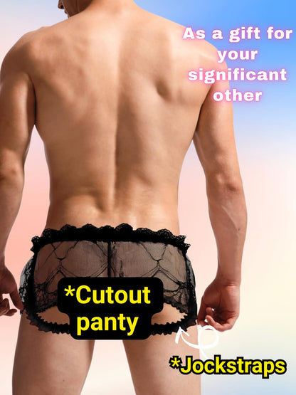 Mens Lace Sexy Underwear, Sissy Pouch Panties Femboy For Men, Low Rise Bow Lingerie Fits 32-42, Sheer Girly, Light Pink, One Size