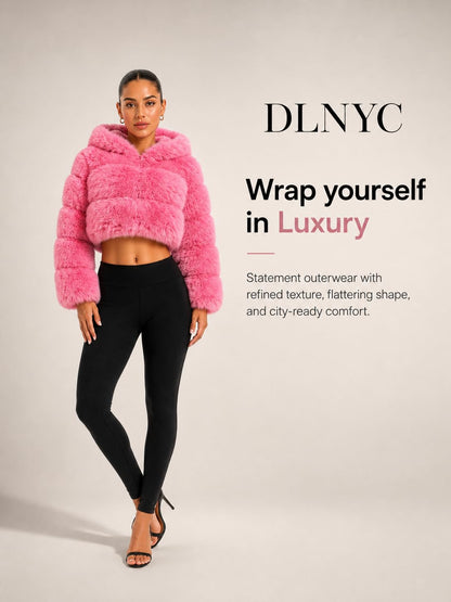 DLNYC Faux Fox Fur Layered Hooded Bolero Faux Fur Cropped Jacket Luxury Spring Fashion Jacket (US, Alpha, Small, Regular, Regular, Baby Pink)