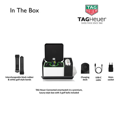 TAG Heuer Smart Watch, Fitness Watch, Connected Calibre E4 45 mm Golf Edition, Touch Screen, Waterproof, Calls, SMS, Steps, Heart Rate, Wellness, Titanium, White Or Black/Green Straps, SBR8A81.EB0251