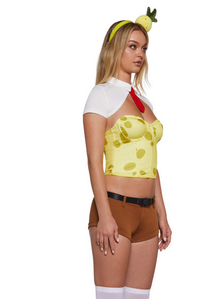 Spongebob - Dolls Kill Spongbabe Costume by Trickz N’ Treatz – Women’s Yellow Corset Top, Brown Shorts & Headband Set, X-Large
