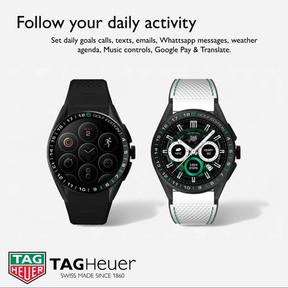 TAG Heuer Smart Watch, Fitness Watch, Connected Calibre E4 45 mm Golf Edition, Touch Screen, Waterproof, Calls, SMS, Steps, Heart Rate, Wellness, Titanium, White Or Black/Green Straps, SBR8A81.EB0251