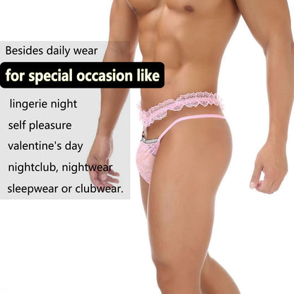 Men's Lace Sissy Panties - Pouch Thong, Feminine Underwear For Men Sexy Lingerie  - Sheer Mesh Briefs - Gay Lingerie Crossdresser Pink