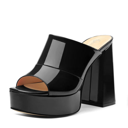 CDXJHYMY Womens Platform Chunky Heels Sandals Square Open Toe High Heeled Sandals Slip On Slides Dress Party Wedding Shoes Black Patent Size 9.5