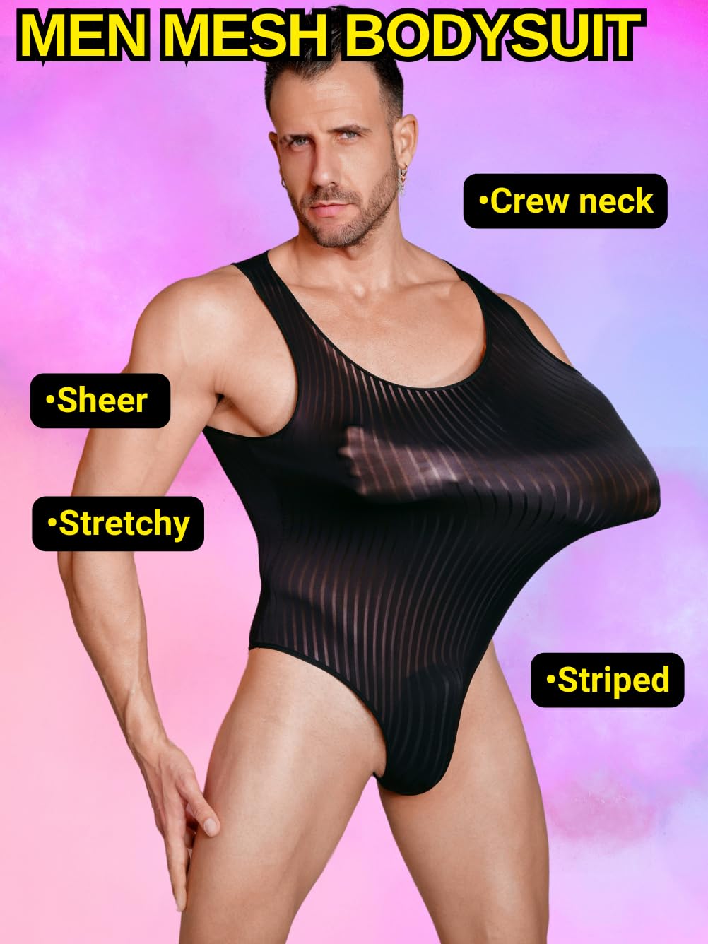 EHSUYAB Men's Sexy Lingerie, Ribbed Sheer Mesh Bodysuit, Shapewear Sissy Clothes Gay Club, Tank Top Muscle Suit Rave Outfits Black X-SMall Medium