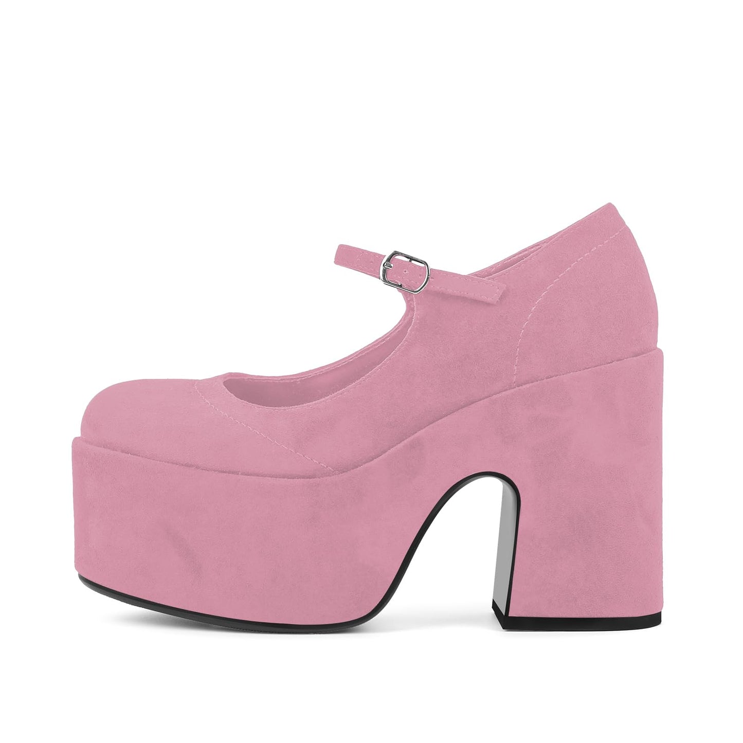 Women's Platform Mary Janes Chunky High Heels Pumps Closed Round Toe Buckle Strap Suede Dress Shoes for Party Event Office Prom(Pink A)