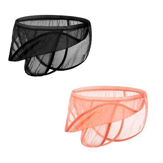 Mens Sexy Thong Low Rise See Through Underwear Mesh G-String Bikini Bulge Enhancing Ball Pouch Balck Orange 3XL