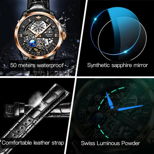 OUPINKE Skeleton Mens Automatic Watches Mechanical Luxury Dress Leather Self Winding Waterproof 50M/5ATM Luminous Watches for Men