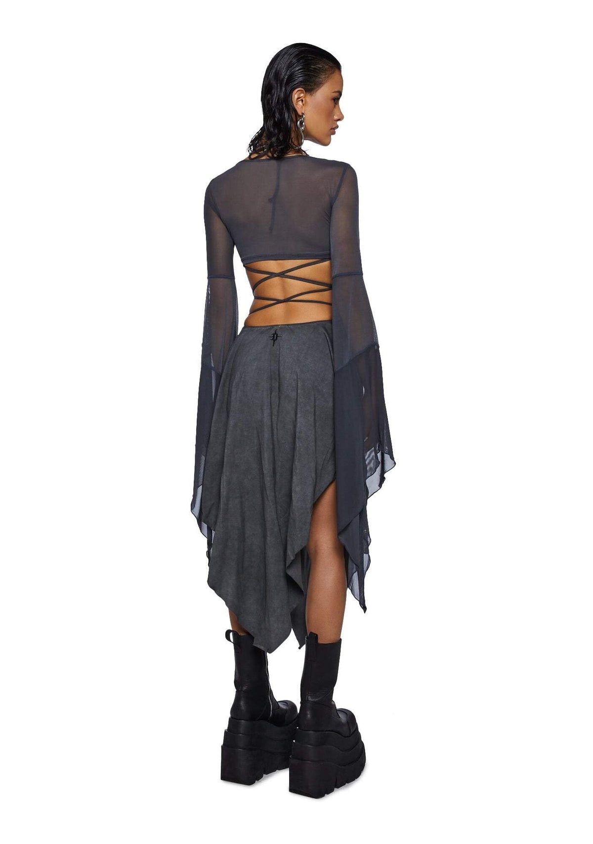 Dolls Kill Echo Asymmetrical Mesh Wrap Dress by Darker WAVS, Dark Gray, Large