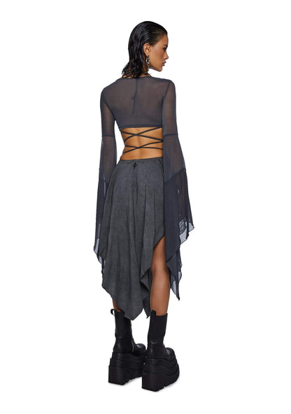 Dolls Kill Echo Asymmetrical Mesh Wrap Dress by Darker WAVS, Dark Gray, Large