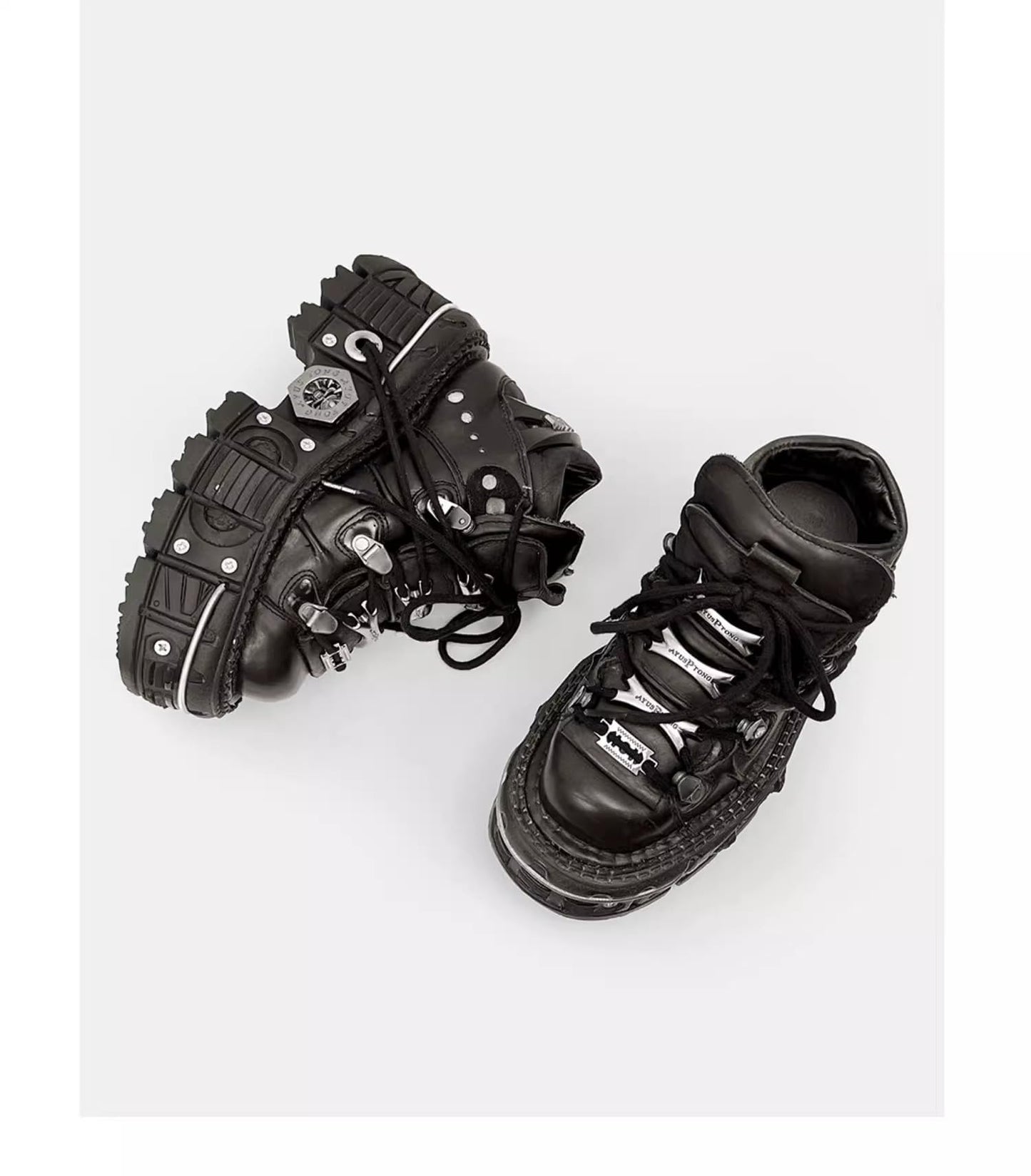 PU Leather Y2K Grunge Punk Platform Height Increase Derby Shoes for Men Casual Streetwear Mixed Color Thick Sole Sneakers with Skull Metal Accent Design (12,Black)