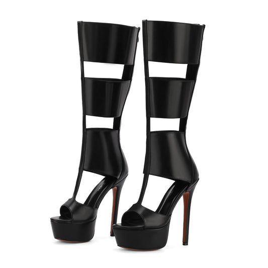Fancy Queen Platform Knee High Heels for Women, Gladiator Open Toe Summer Boots Black Heels Sandal, Sexy Style Casual for Party