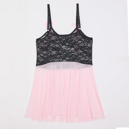 ABAFIP Men‘s Lace Babydoll Dress Sheer See Through Crossdresser Lingerie Mesh Nightgown Femboy Outfit Light Pink Medium
