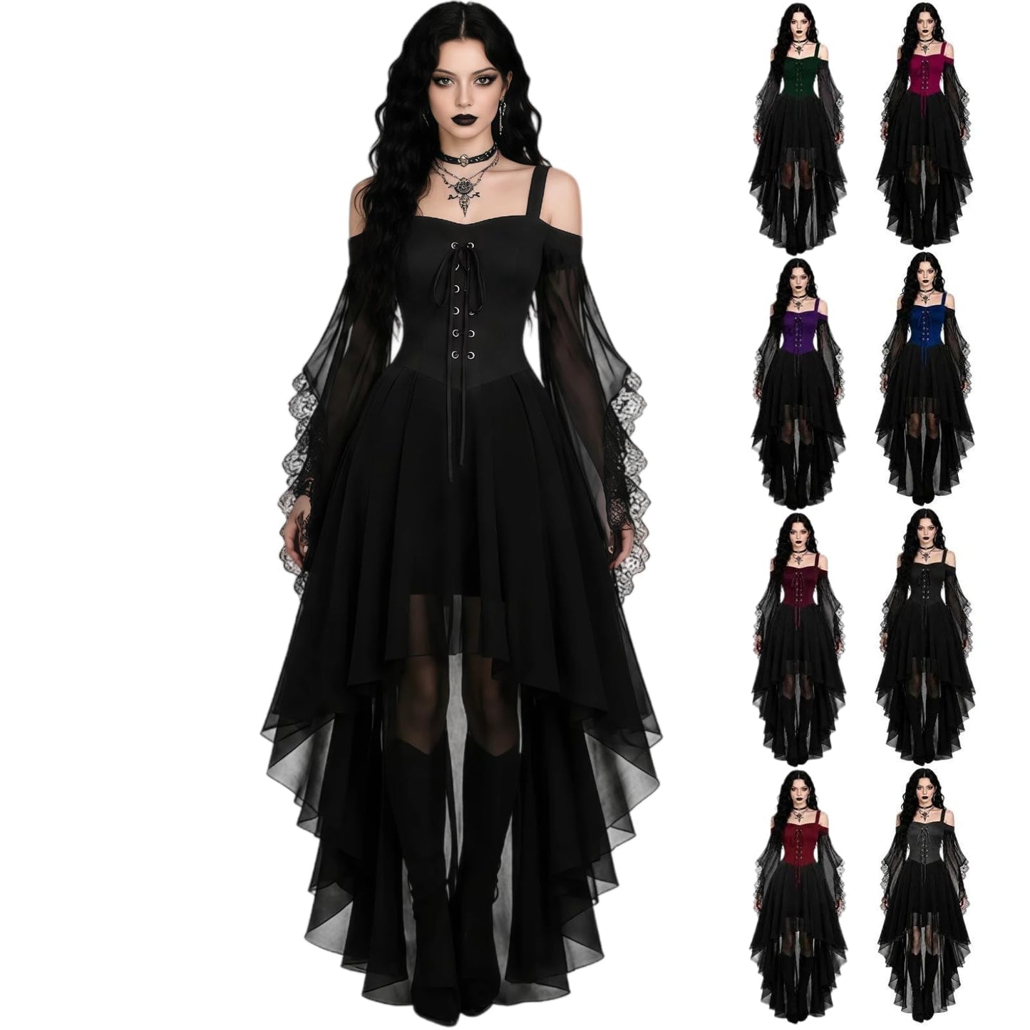 LVOFTJU Witch Costume,Witch Dress Women 2026 Halloween Costumes Woman Adults Medieval Vampire Butterfly Sleeve Mesh Gothic Holiday Cosplay Outfits,Black,S