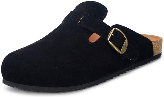 Genuine Suede Clogs for Mens Womens Leather Clogs Adjustable Buckle Cork Footbed Home Slippers Sandals Black