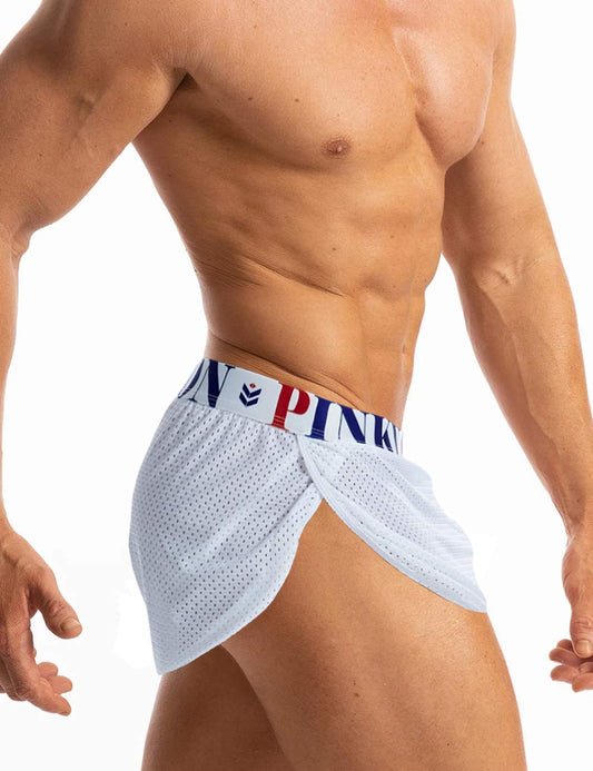 MIZOK Men's Slit Side Bodybuilding Shorts Breathable Mesh Workout Yoga Short (White,L)