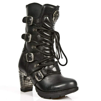 New Rock Boots TR003-S1 Ladies Metallic Black Leather Biker Heel Goth Punk Shoes Ankle Fashion Boots 38