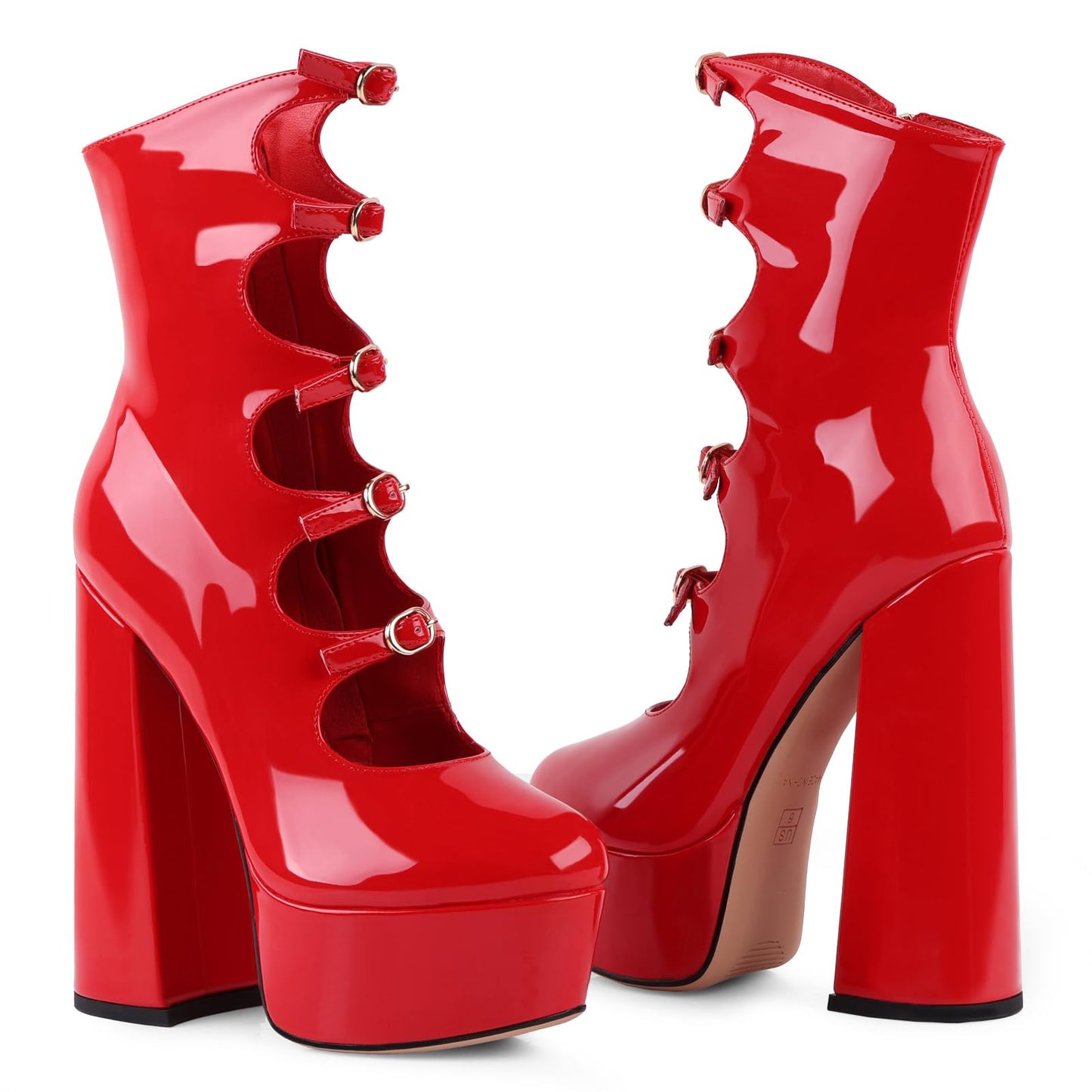Red Platform Boots for Women, Red Patent Leather Chunky Platform Heels Goth Boots, Strap Buckle Side Zipper Gothic Block Heels
