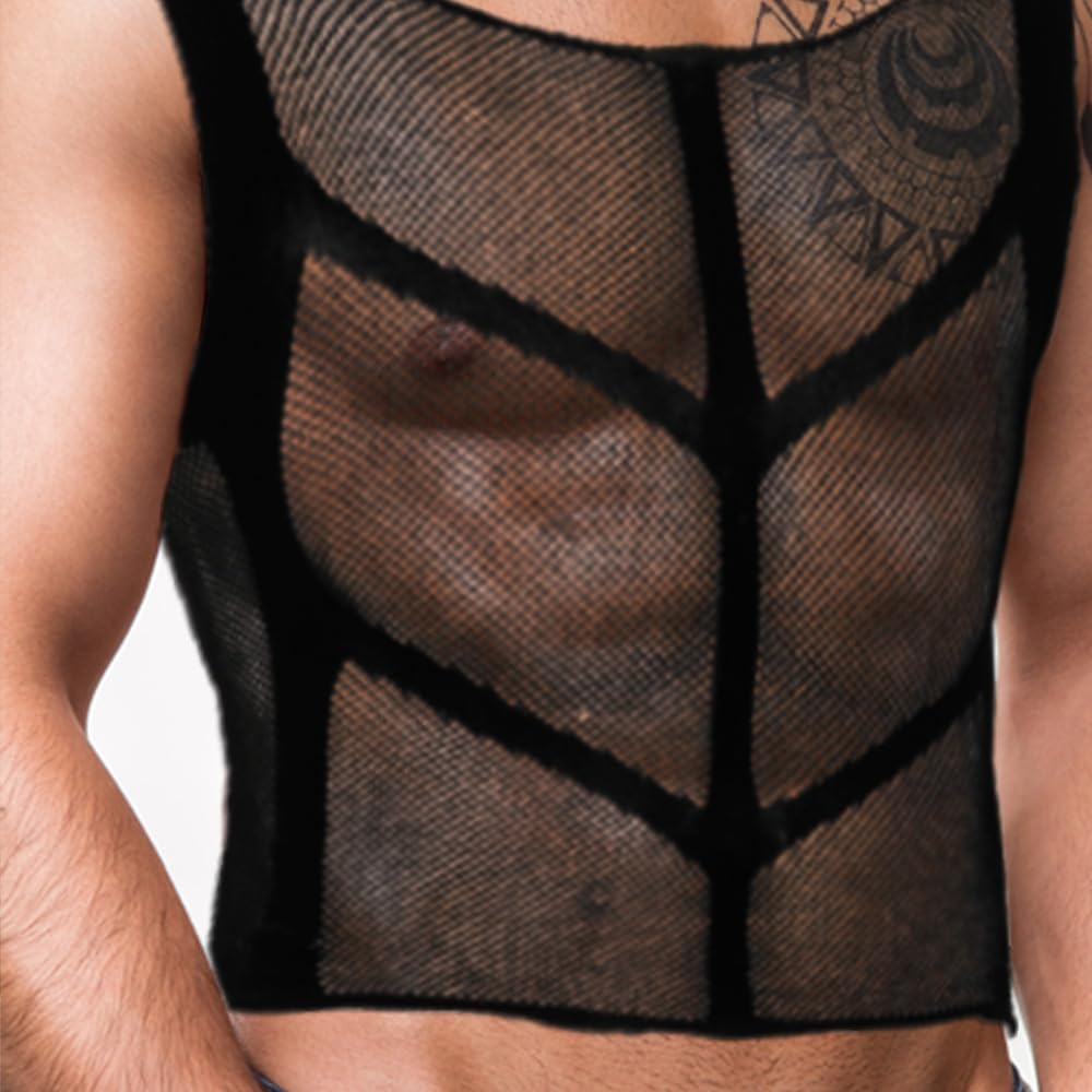 Men's Tank Tops Clothes Gay Mens Sexy Sheer Mesh Fishnet Crop Top Shirt Sissy Lingerie Exotic date nightclub Man Underwear for Men