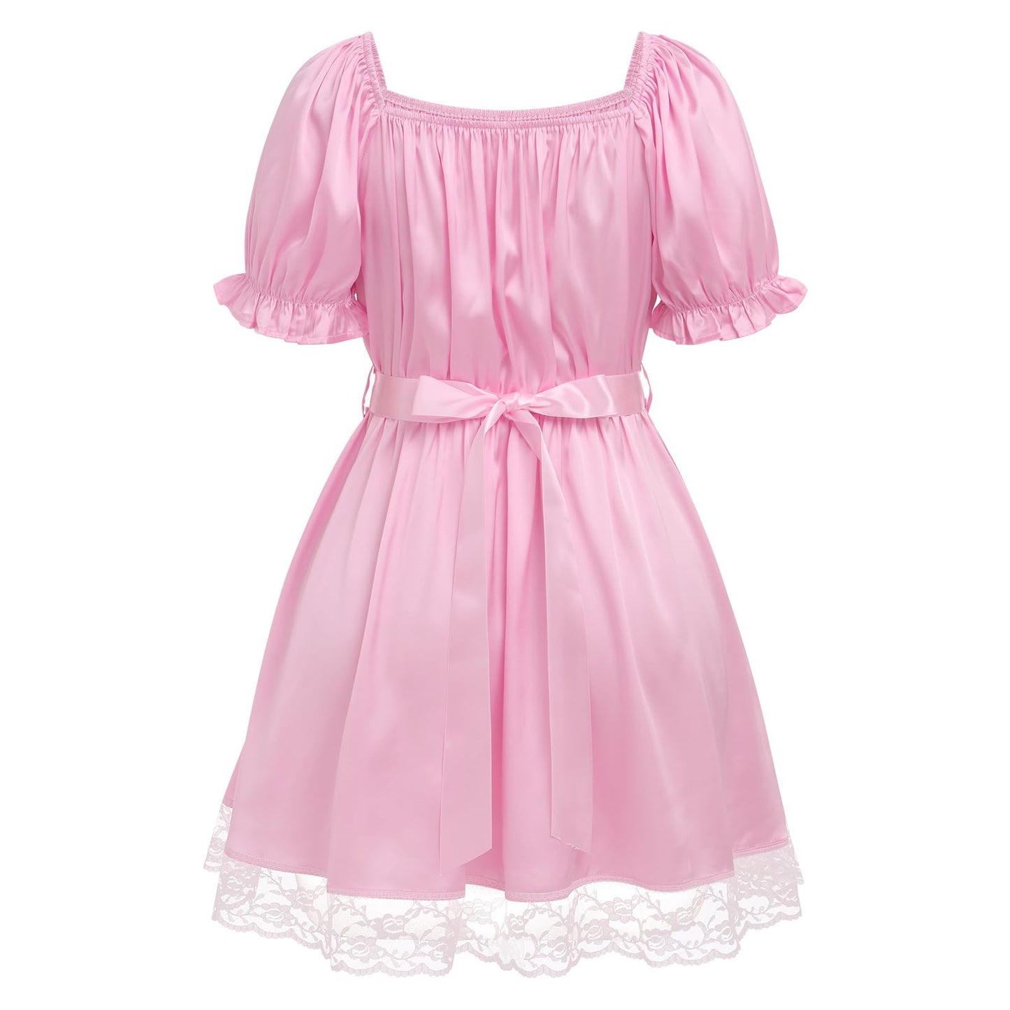 Sissy Mini Nightdress for Men Frilly Ruffle Square Neck Bowknot Lace Trim Satin Ruffle Nightdress Light Pink One Size