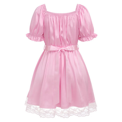 Sissy Mini Nightdress for Men Frilly Ruffle Square Neck Bowknot Lace Trim Satin Ruffle Nightdress Light Pink One Size