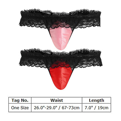 Men's Lace Ruffle Thong Low Rise G-string Smooth Pouch Pink