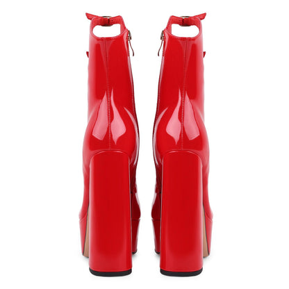 Red Platform Boots for Women, Red Patent Leather Chunky Platform Heels Goth Boots, Strap Buckle Side Zipper Gothic Block Heels