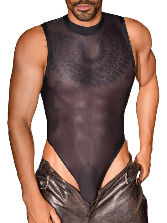 Sexy Glossy Mens Lingerie Sheer, Snap Crotch Thong Leotard High Cut Muscle Suit, Mesh Rave Bodysuit Top Club Outfits Black Medium-Large