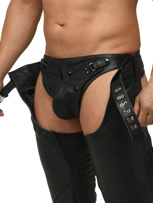 Leatherotics Mens Leather Underwear - Soft and Supple Leather Jockstrap with Detachable Front Pouch - 030 Black