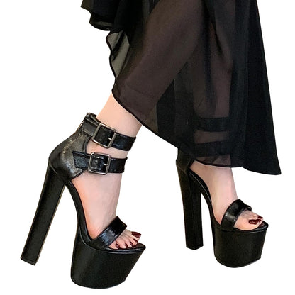 Black High Heels for Women Sexy Platform Open Toe Chunky Heels 6.3 Inch Heeld Sandals Party Prom Banquet Shoes (Black,8)