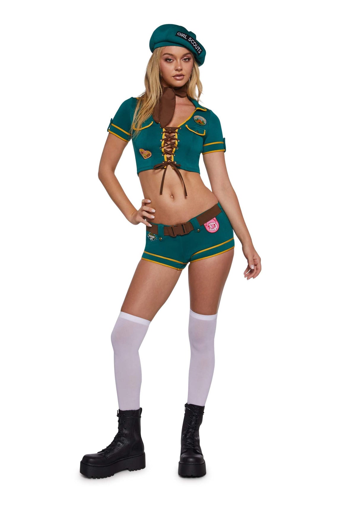 Dolls Kill Women’s Scout Girl Costume by Trickz N’ Treatz – Halloween Party Outfit with Lace-Up Top, Shorts, Belt & Beret Hat, Green, XX-Small